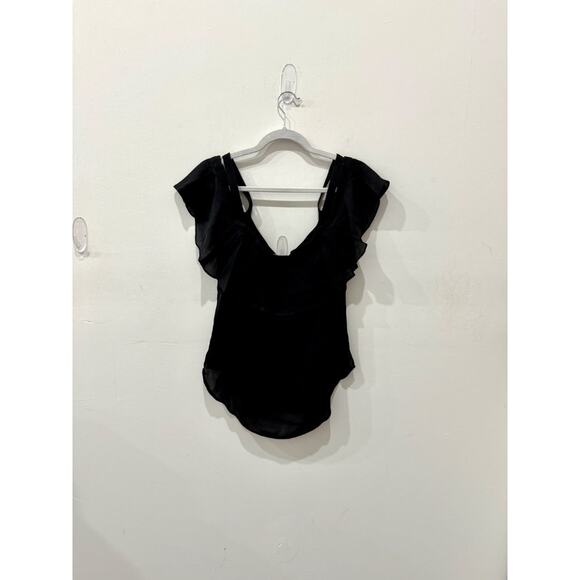 Veronica Beard Cold Shoulder Ruffle Trim V-Neck Blouse Top Black Women's Size 4 - Picture 3 of 5